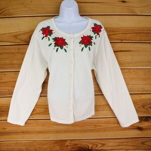 Collections Etc. Button‎ Up Top Womens XXL White 100% Cotton Embroidered Flowers
